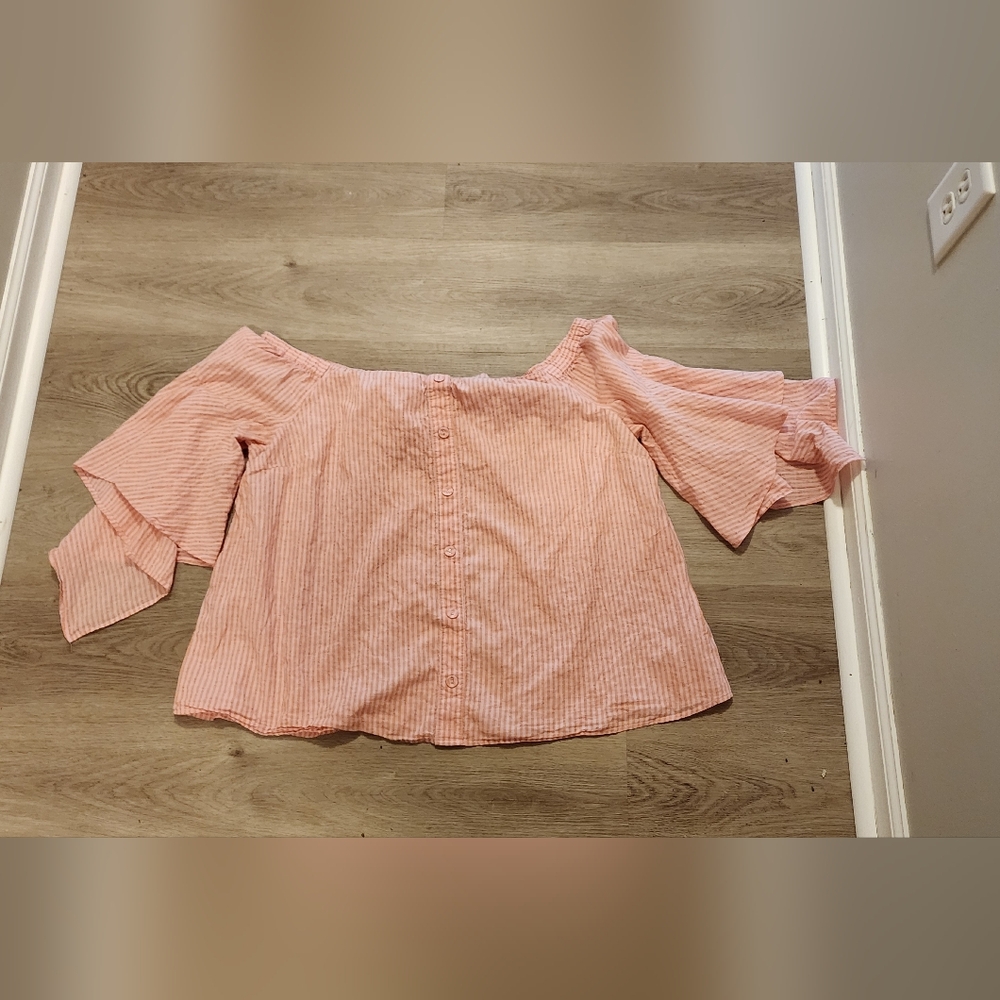 Lane Bryant Pink/Orange Striped Button Down Off The Shoulder Blouse Sz 18/20